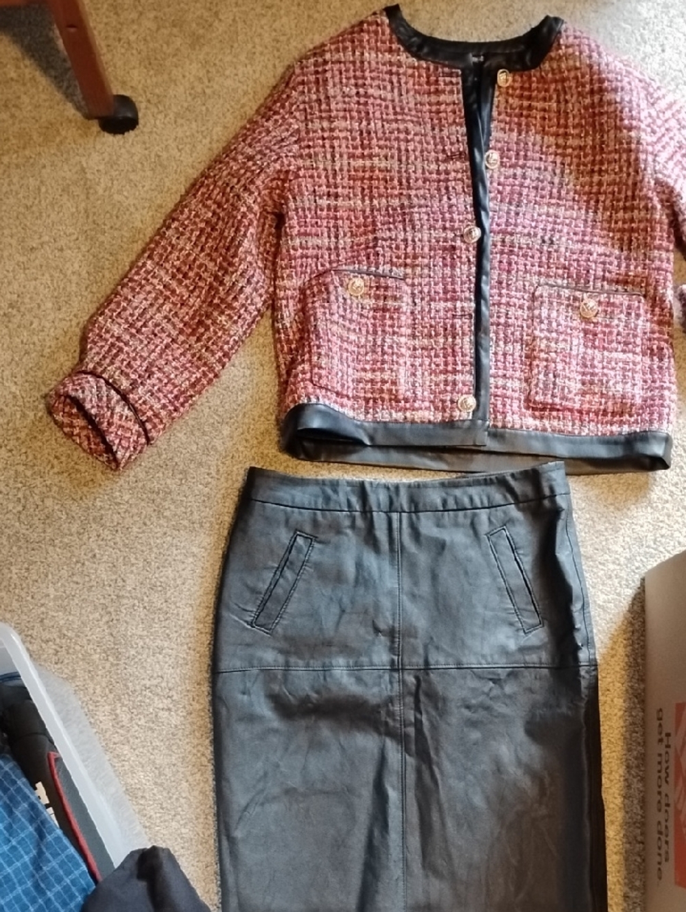 English Factory Pink Tweed Suit with Black Trim And Cabi Skirt